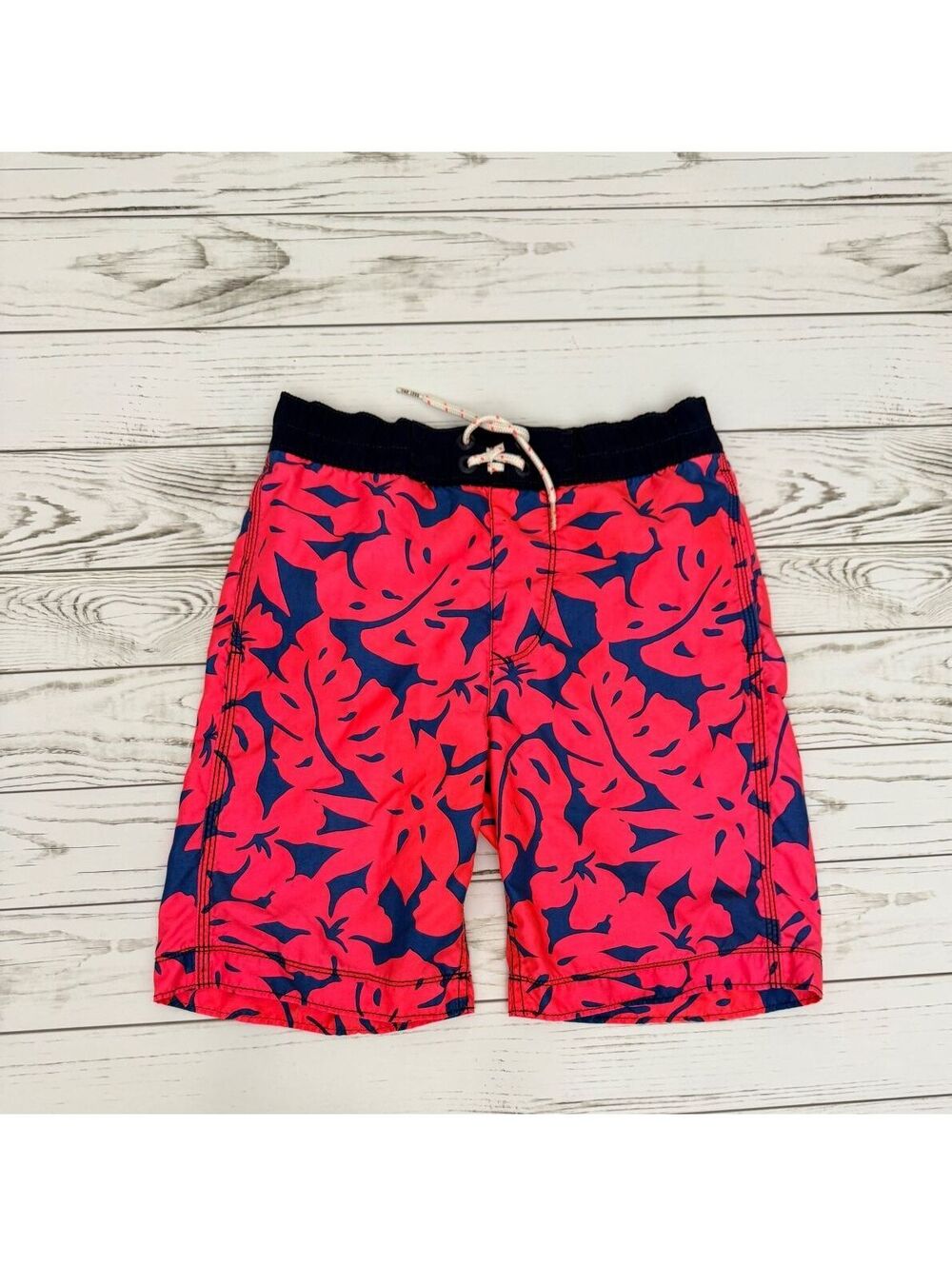 GAP Kids Medium Boys Swim Trunks Navy Blue Red Leaf Print